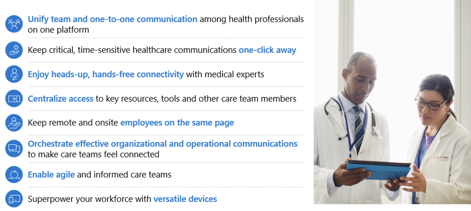 A side-by-side layout with a list of healthcare communication benefits on the left and two doctors reviewing data on a tablet on the right.